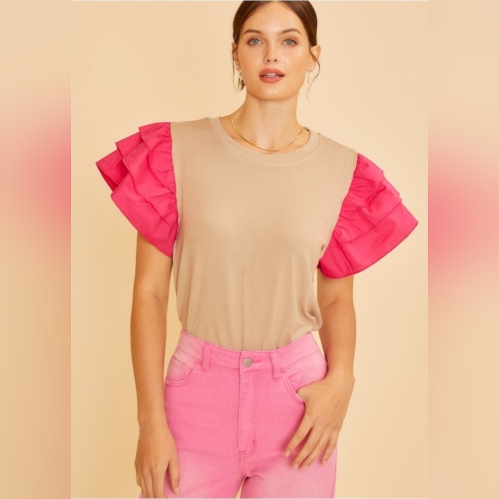 Anniewear Ruffled Sleeve Beige and Pink Bodysuit